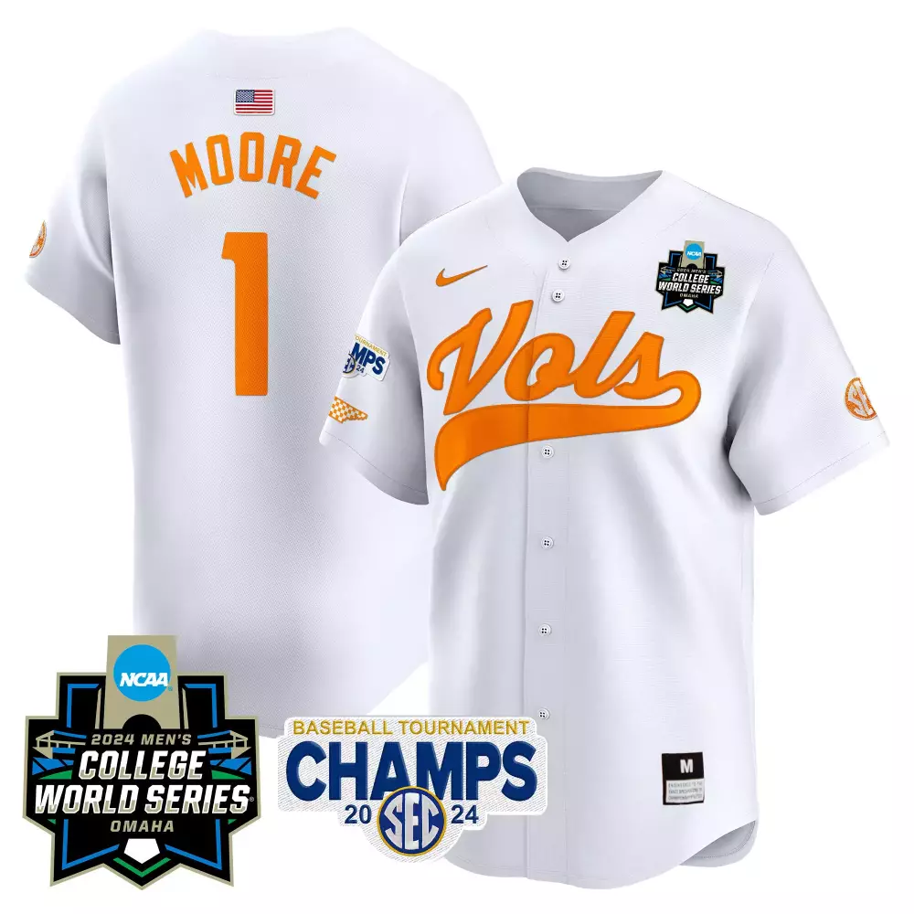 Christian Moore 1 Jersey White College World Series Tennessee Volunteers Omaha 2024 Champs