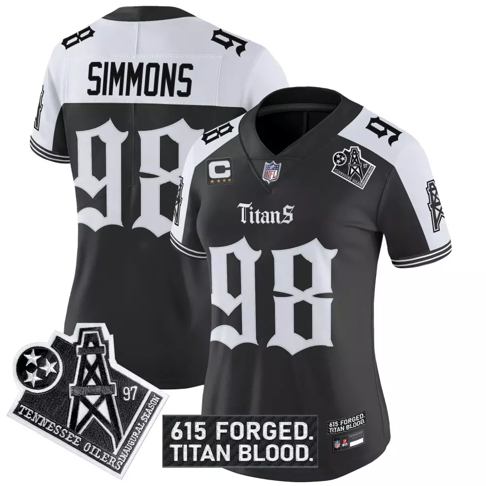 Simmons Inaugural 98 Titans Jersey Black Season Tennessee Oilers 615 Forged. Titan Blood.