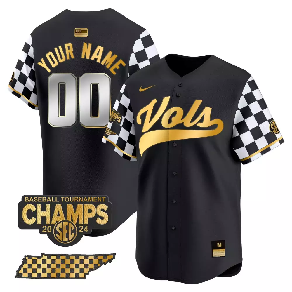 Custom Tennessee Volunteers Jersey Black Checkerboard Baseball Tournament Champs 2024 Men's