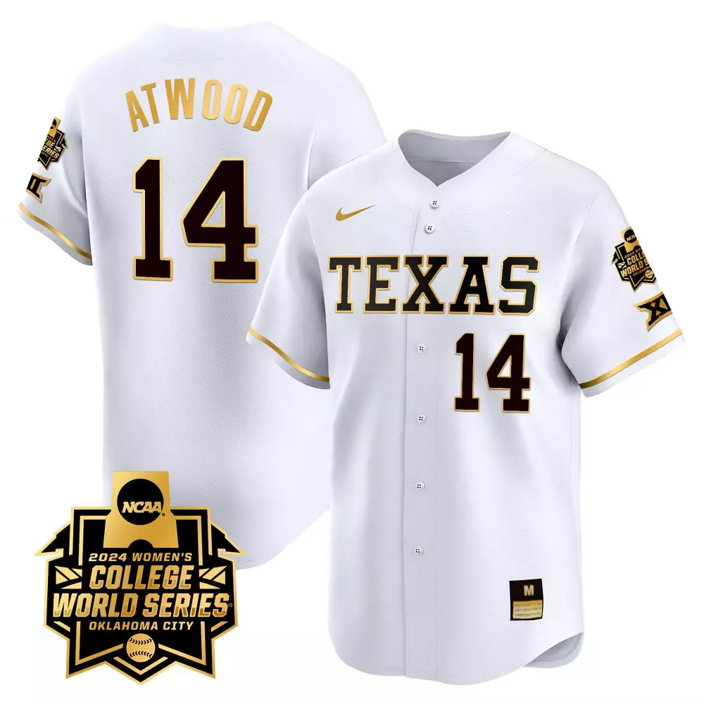 Reese Atwood 14 Texas Jersey White 2024 Women's College World Series Women Gold Black