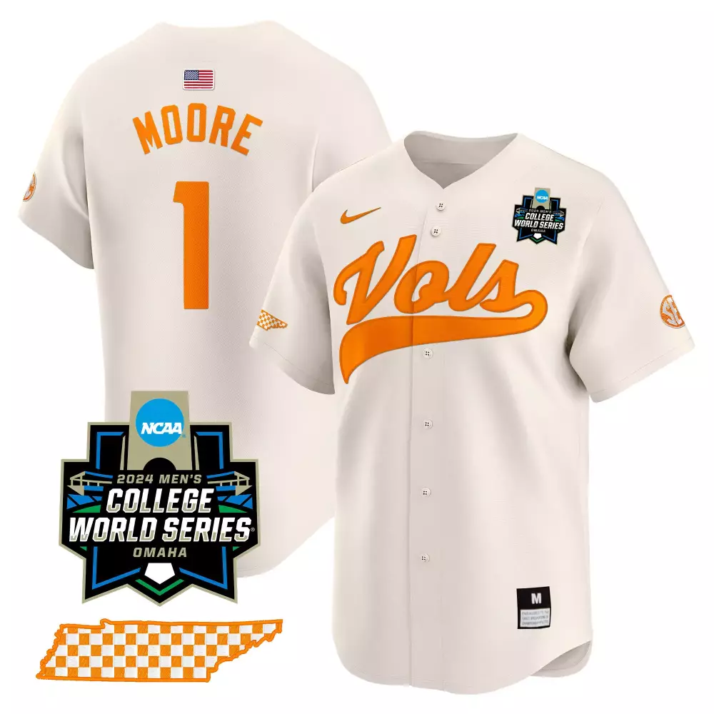 Christian Moore 1 Jersey White 2024 Men's College World Series Tennessee Volunteers