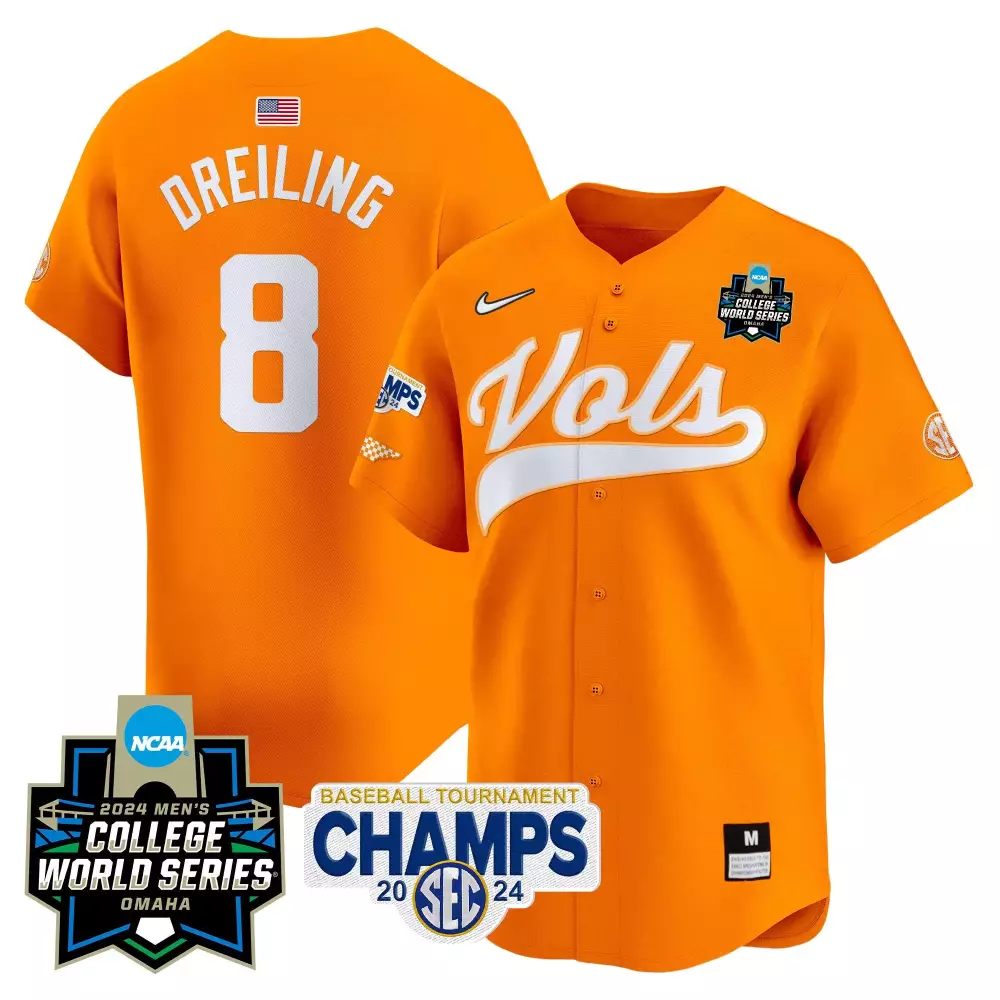 Dylan Dreiling 8 Jersey Orange College World Series Tennessee Volunteers Baseball Tournament Champs 2024