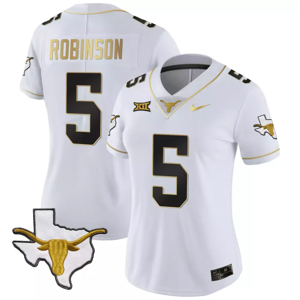 Bijan Robinson 5 Texas Longhorns Jersey White Big Map Outline Longhorn Women Black