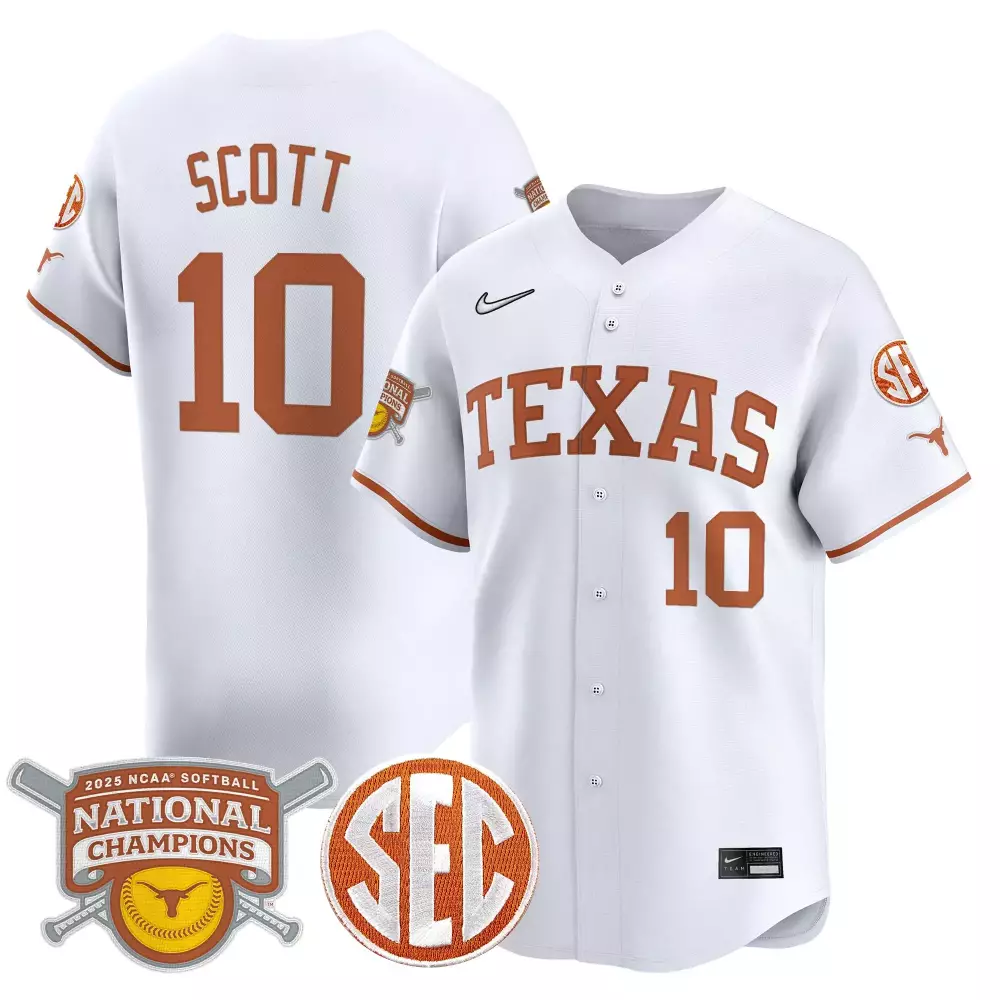 Scott 10 Texas Jersey White 2025 Softball National Champions Women Orange Stitched