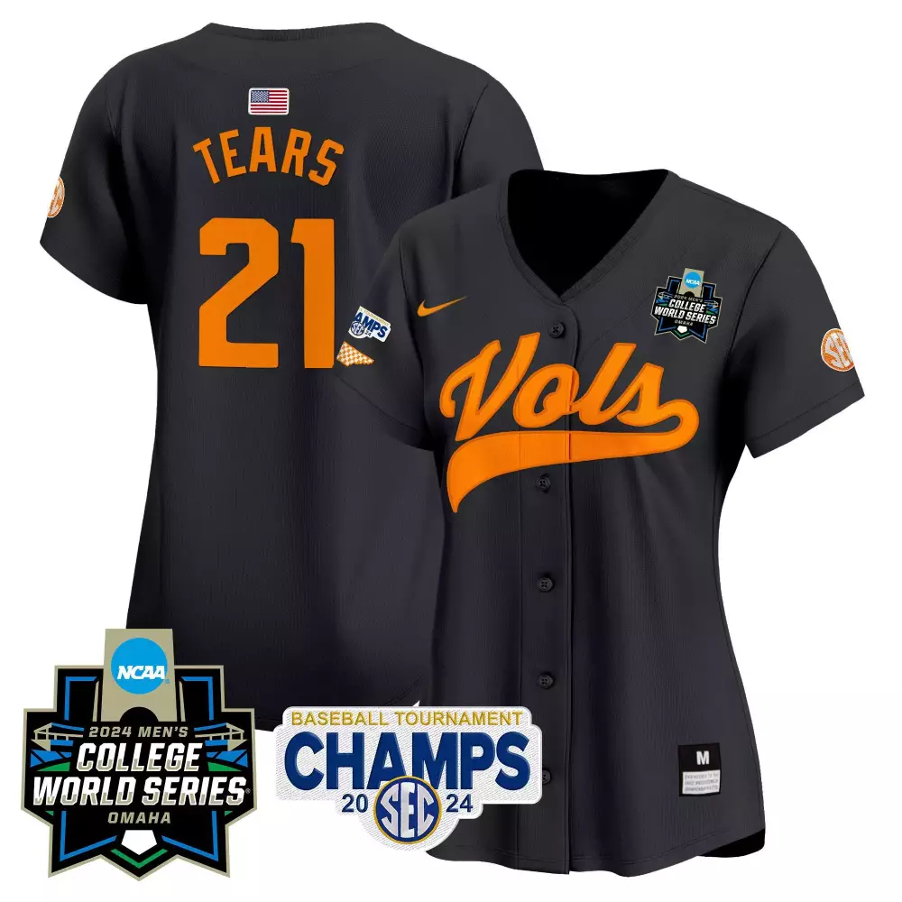 Kavares Tears 21 Jersey Black 2024 College World Series Tennessee Volunteers Baseball Tournament Champs
