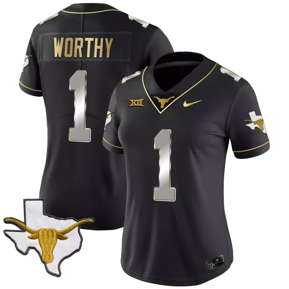 Xavier Worthy 1 Texas Longhorns Jersey Black State Outline Longhorn Women White Gold