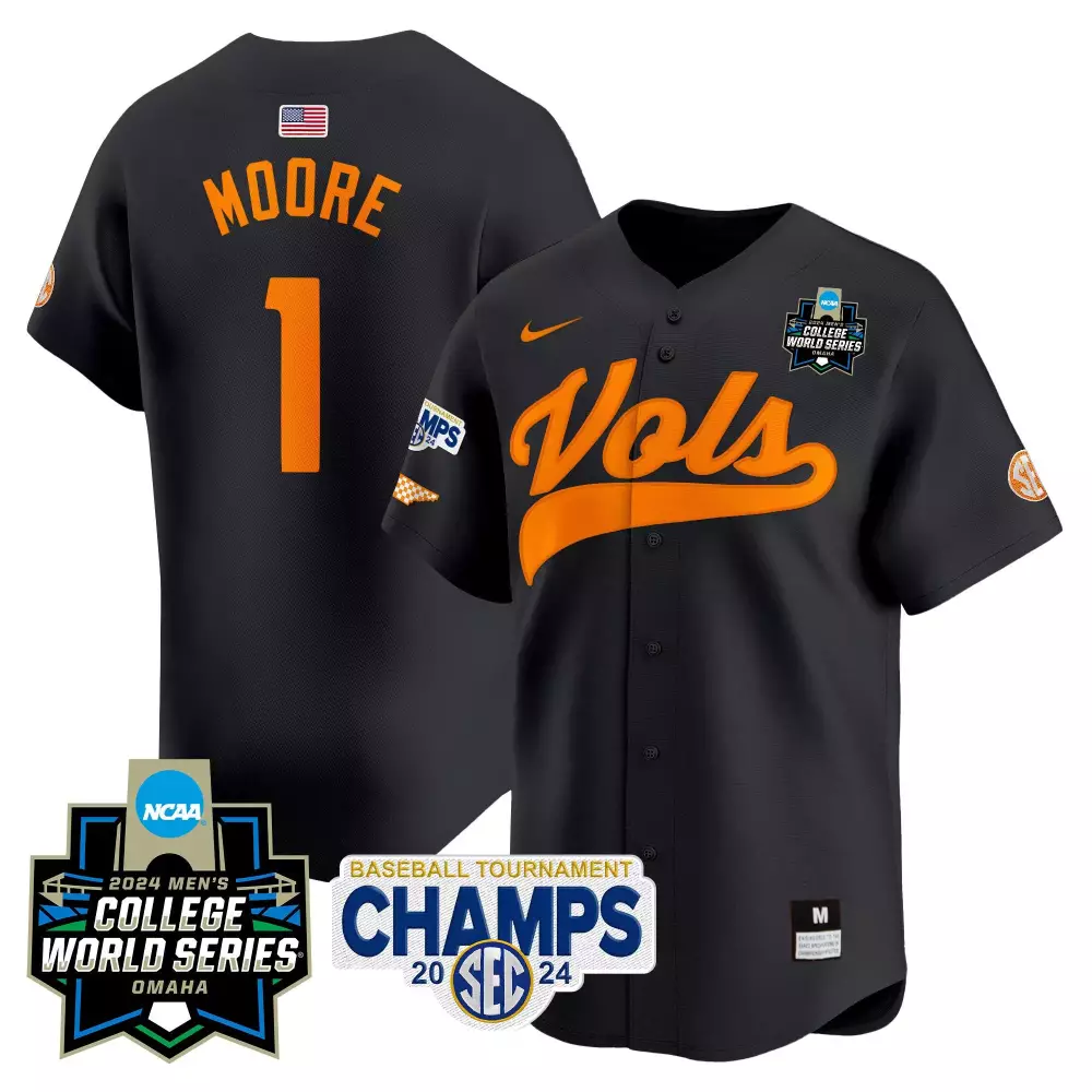 Christian Moore 1 Jersey Black 2024 College World Series Tennessee Volunteers Baseball Tournament Champs