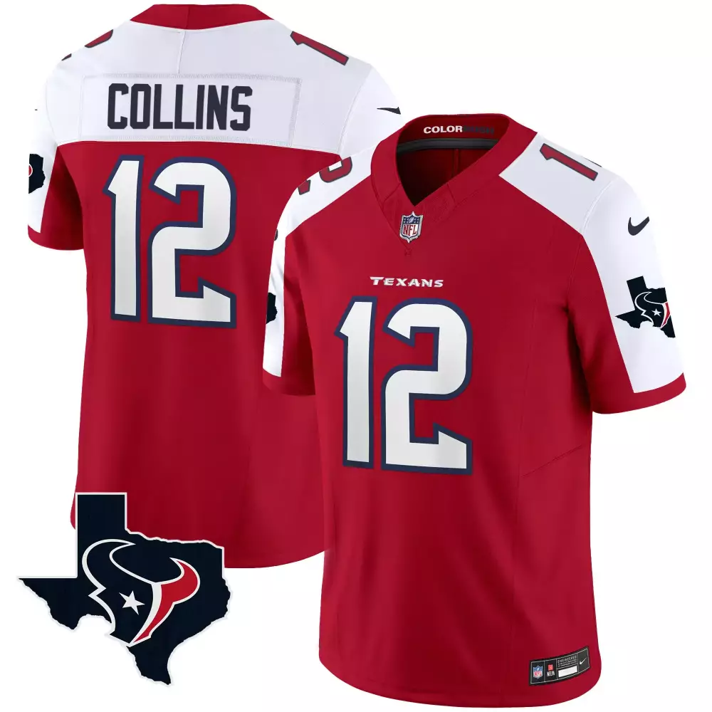 Nico Collins 12 Texans Jersey Red Men Replica White Navy Alternate Rush Vapor v2