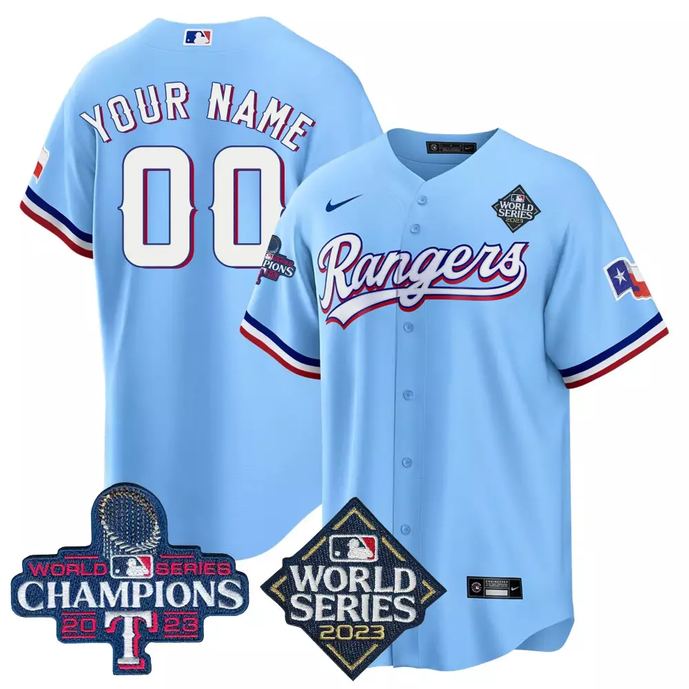 Custom Rangers Jersey Light Blue World Series 2023 Champions Men White Red All Stitched