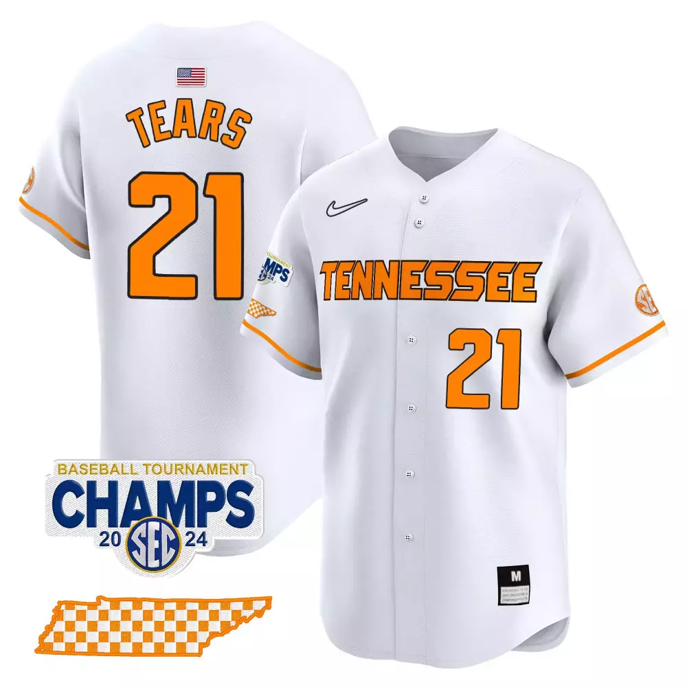 Kavares Tears 21 Tennessee Jersey White SEC Baseball Tournament Champs 2024 Men Orange