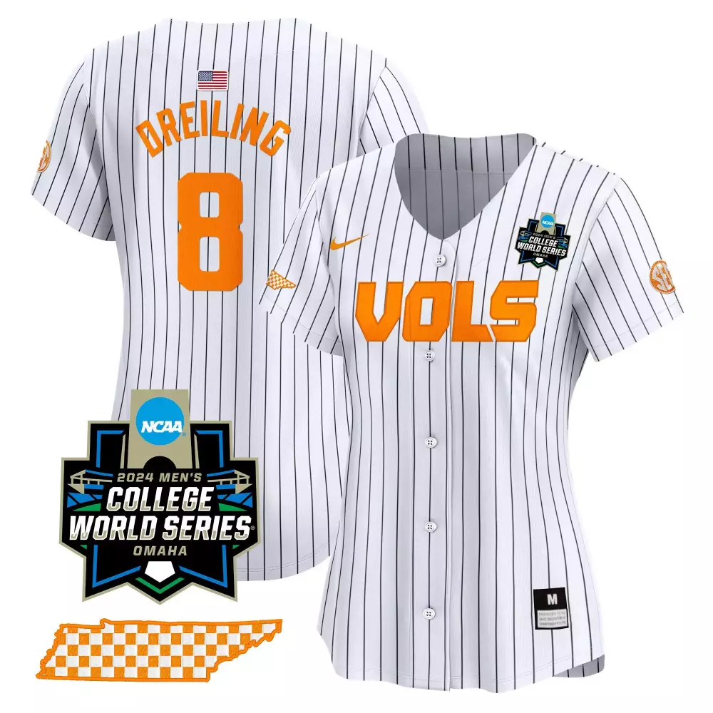 Dylan Dreiling 8 Jersey White 2024 Men's College World Series Omaha Tennessee Volunteers Syracuse Orange