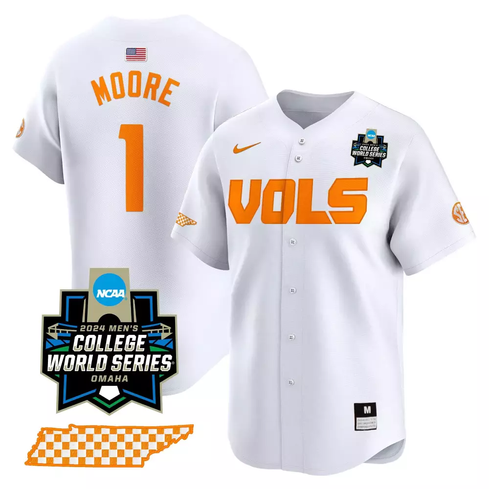 Christian Moore 1 Jersey White 2024 Men's College World Series Tennessee Volunteers