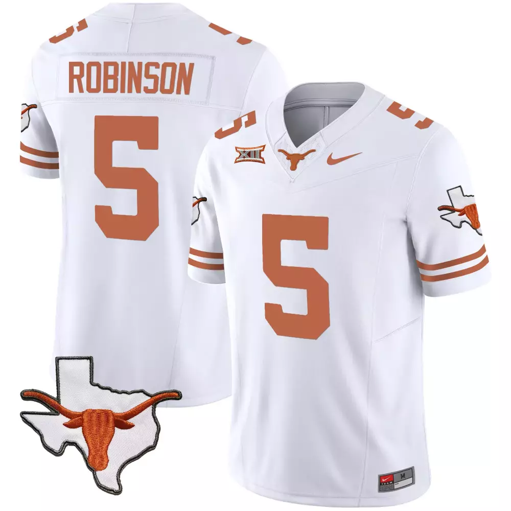 Bijan Robinson 5 Texas Longhorns Jersey White State Outline Longhorn Men Orange Stitched