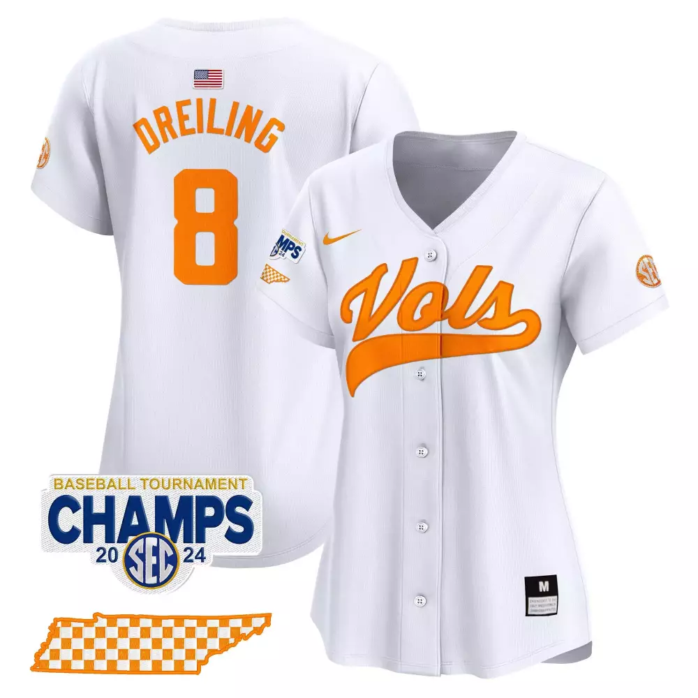 Dylan Dreiling 8 Jersey White Baseball Tournament Champs Tennessee Volunteers Mps 24 Champions 2024