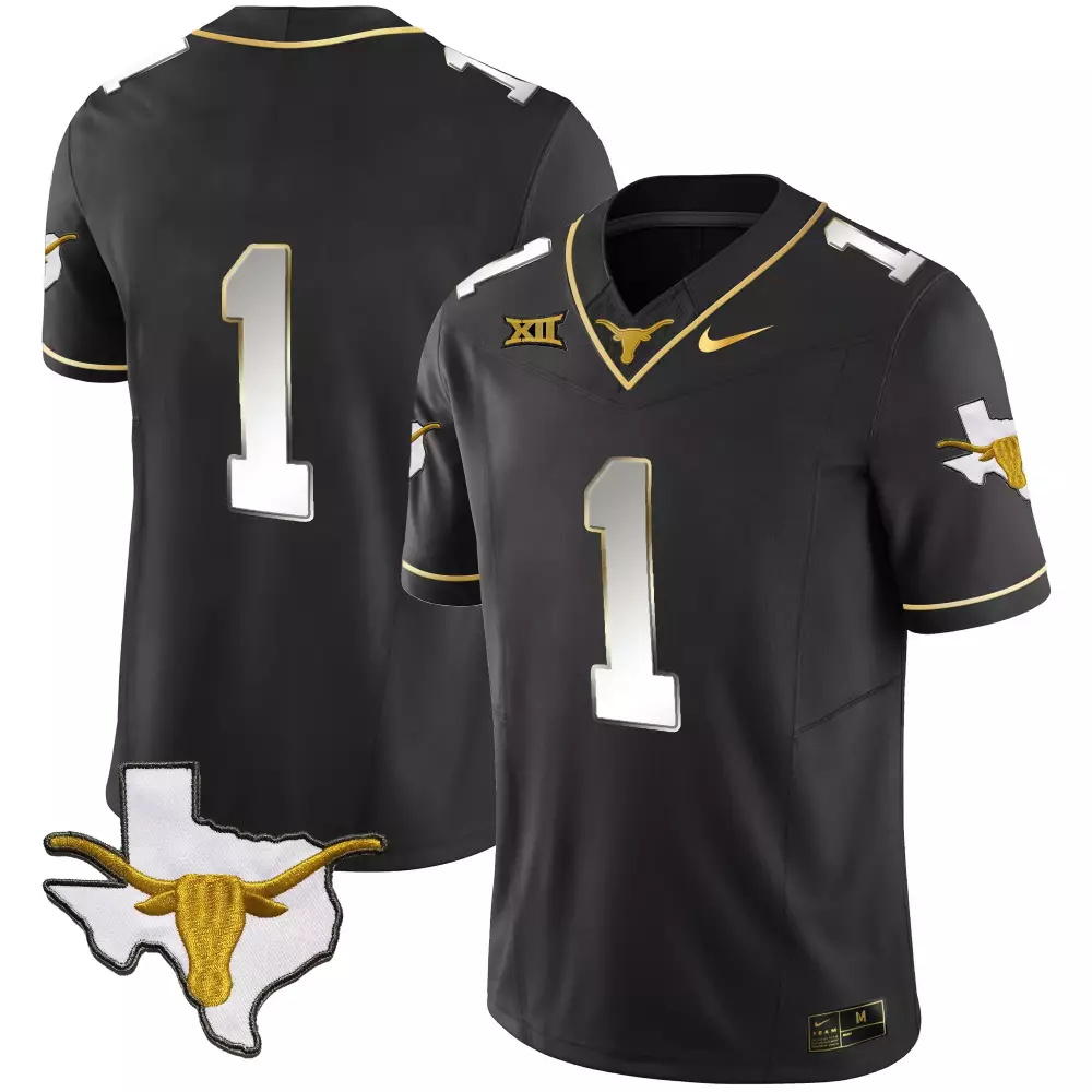 Custom Texas Longhorns 1 Jersey Black Big Xii State Outline Longhorn Gold White All