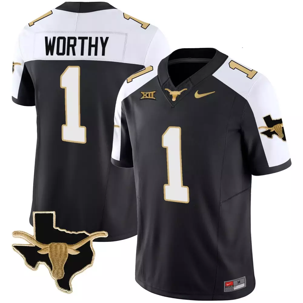 Xavier Worthy 1 Texas Longhorns Jersey Black State Shape Men White Gold Alternate