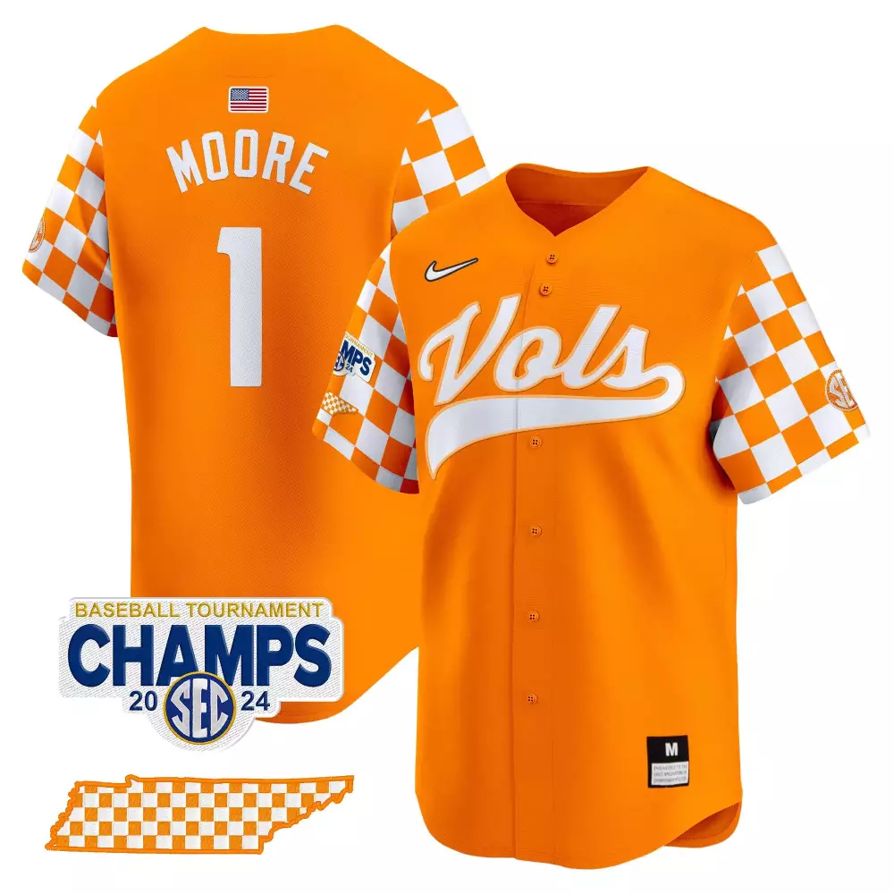 Christian Moore 1 Jersey Orange SEC Tournament Champs Tennessee Volunteers Baseball 2024