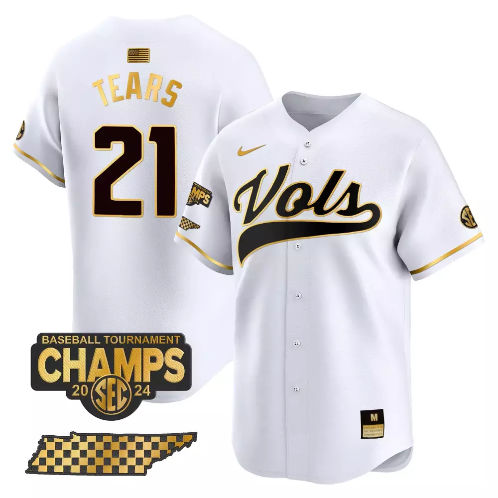 Kavares Tears 21 Jersey White SEC Tournament Champions Tennessee Volunteers Baseball 2024 State Outline