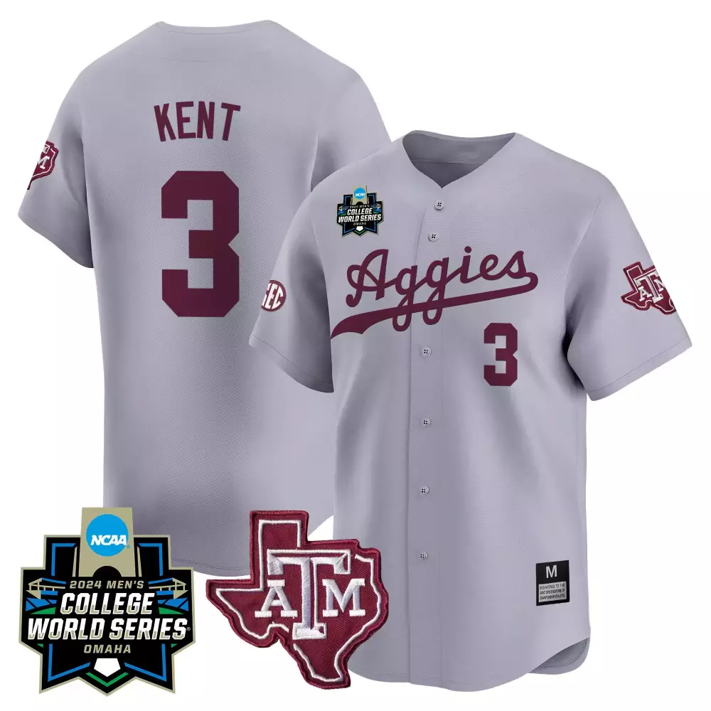 Kaeden Kent 3 Texas A&m Aggies Jersey Grey 2024 Men's College World Series Block 'a'