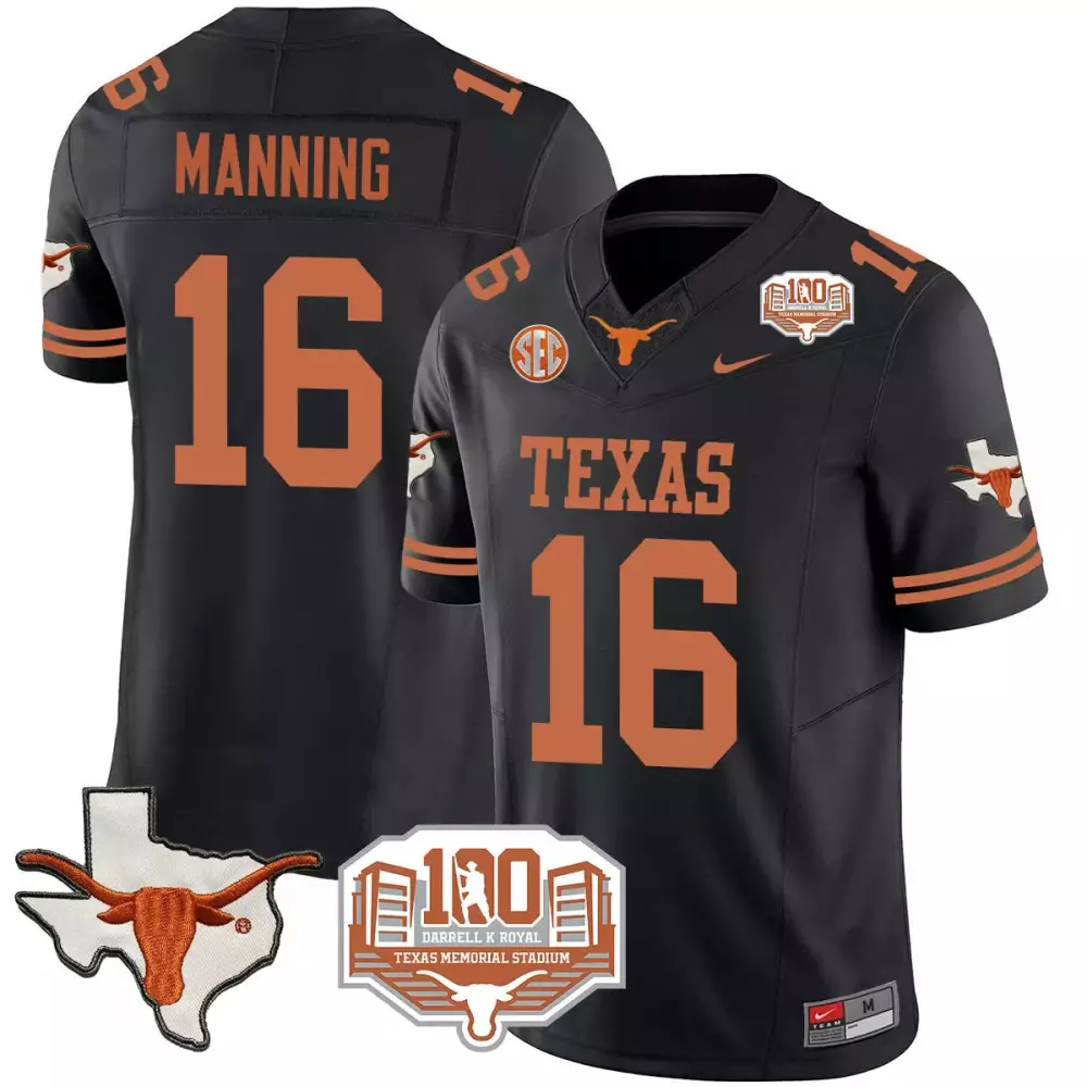 Arch Manning 16 Texas Longhorns Jersey Black 100th Anniversary 2023 Men Orange White