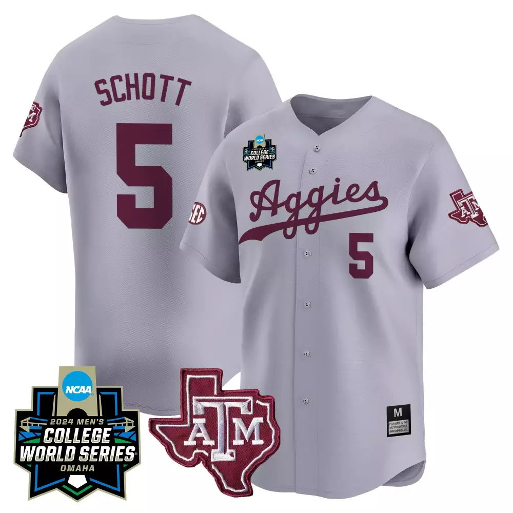 Hayden Schott 5 Texas A&m Aggies Jersey Gray College World Series 2024 Men Maroon