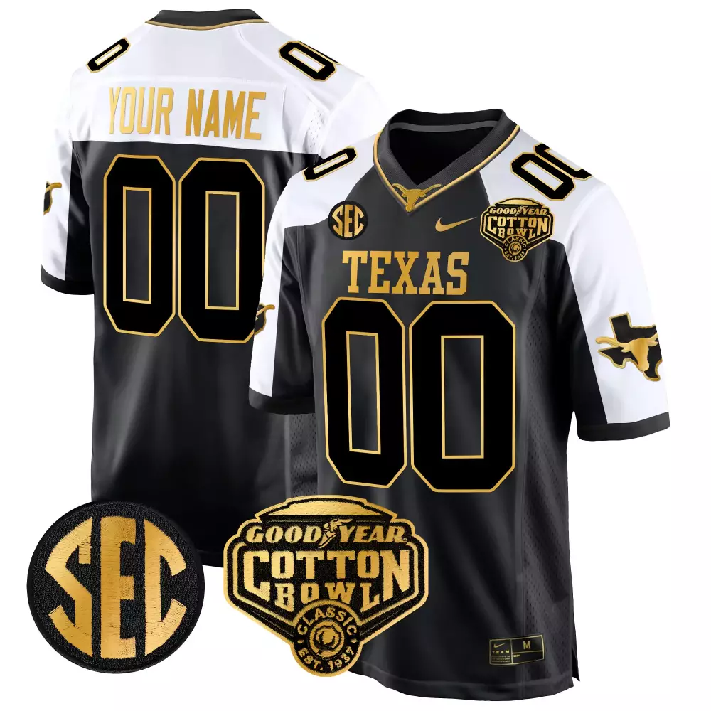 Custom Texas Jersey Black Goodyear Cotton Bowl Classic Split Design White Gold Vapor