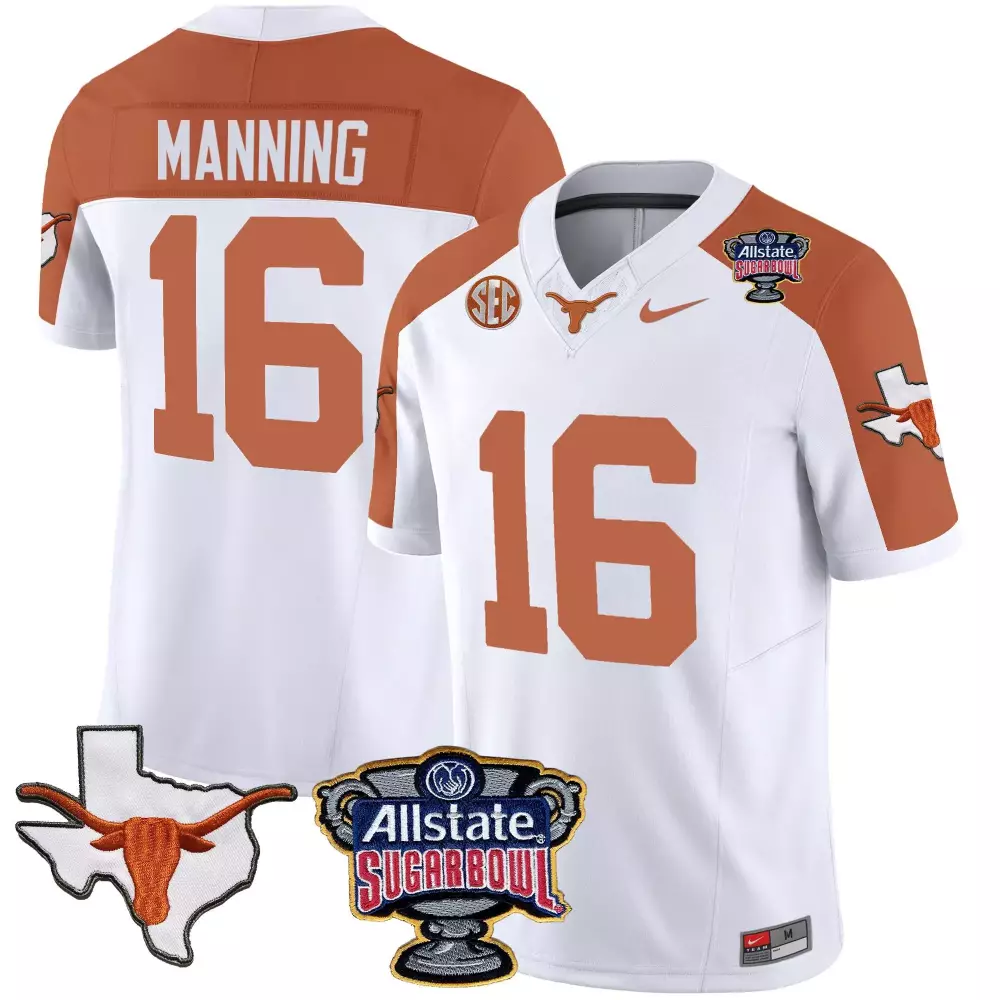 Arch Manning 16 Texas Longhorns Jersey White Sugar Bowl Allstate State Outline Longhorn