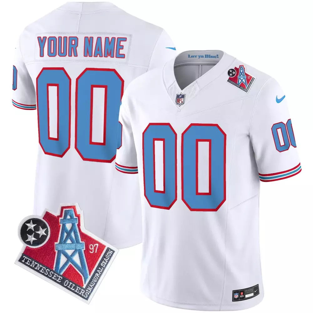 Custom Tennessee Oilers Jersey White Inaugural Season Alternate Light Blue Red Throwback