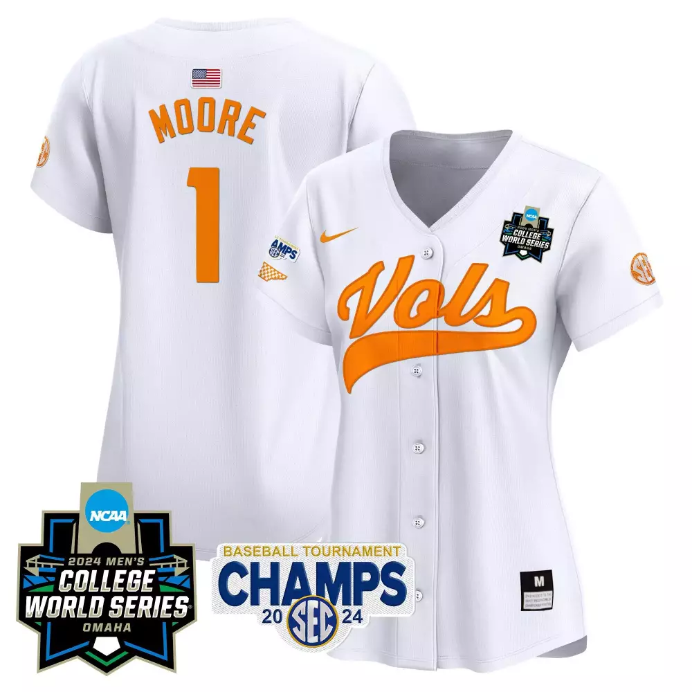 Christian Moore 1 Jersey White College World Series Tennessee Volunteers Baseball Tournament Champs 2024