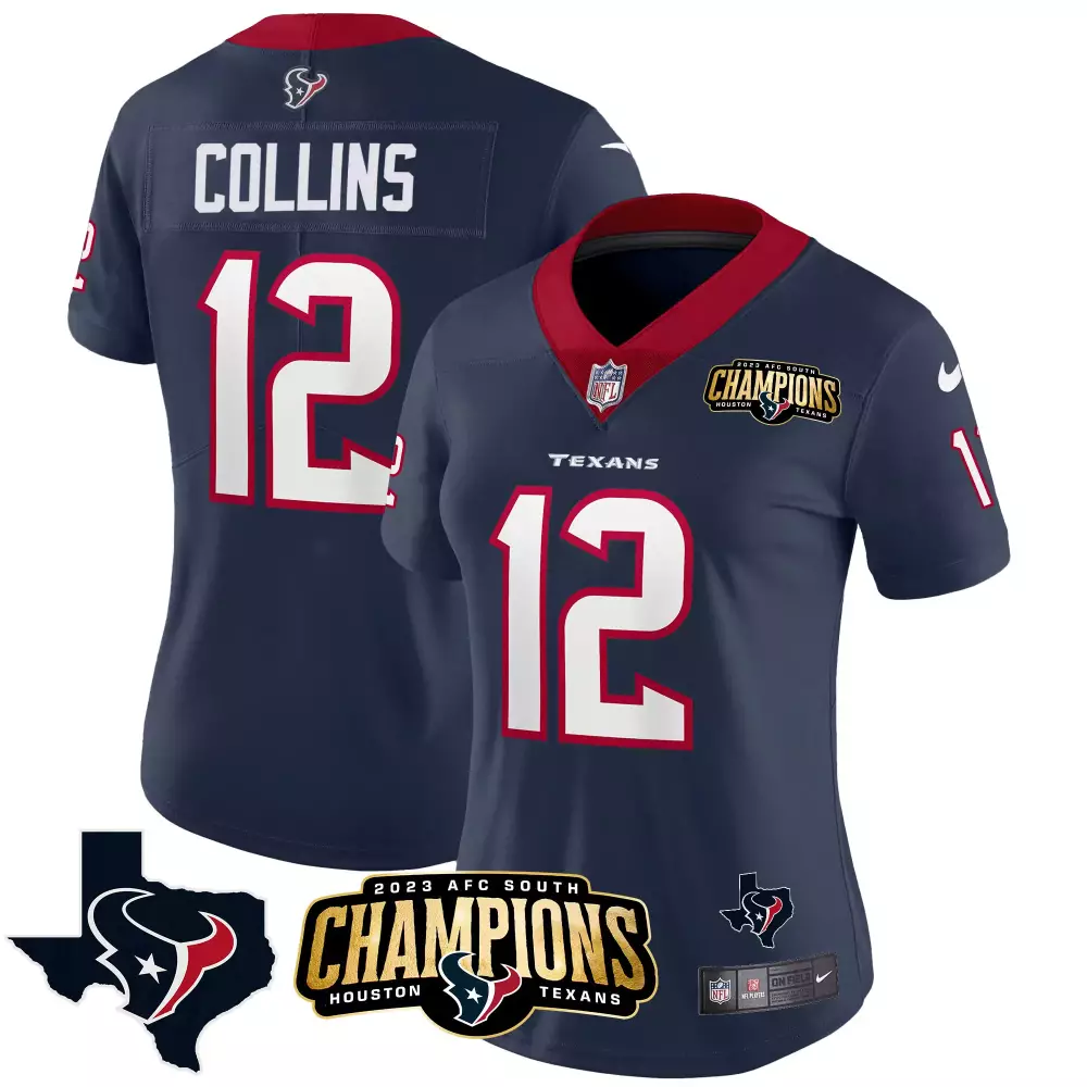 Nico Collins 12 Houston Texans Jersey Navy 2023 AFC South Champions Men NFL Red White