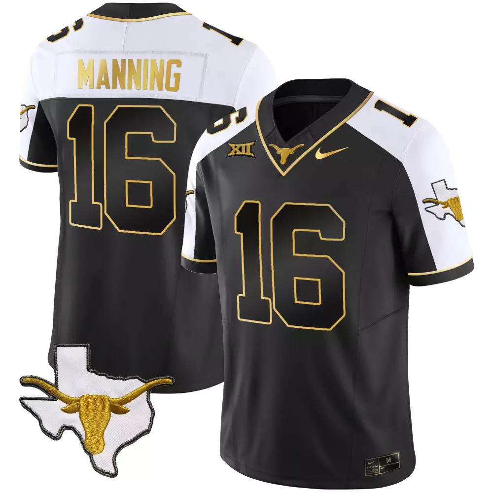 Arch Manning 16 Texas Longhorns Jersey Black Football Outline 2023 Men White Gold
