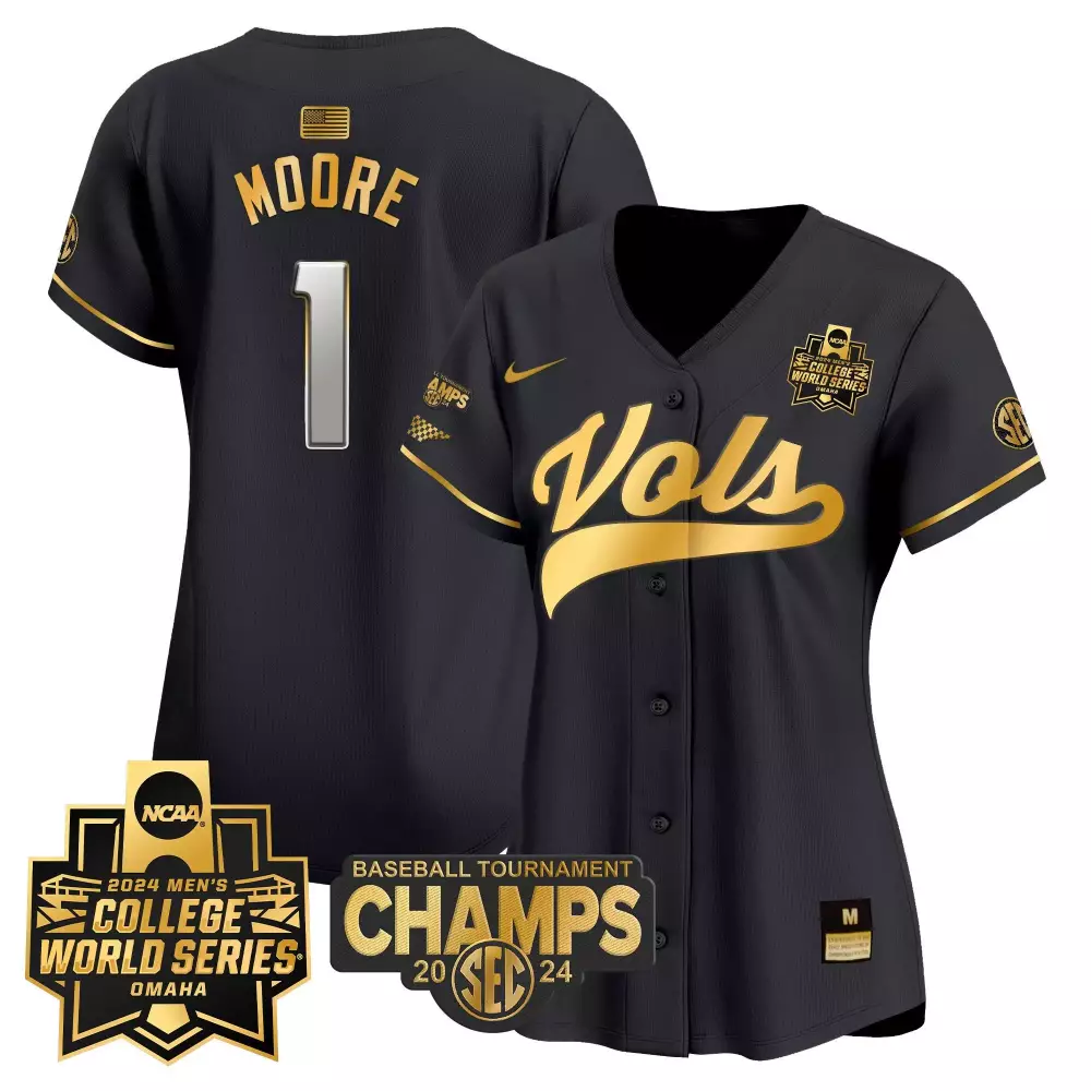 Christian Moore 1 Jersey Black 2024 Men's College World Series Tennessee Volunteers Championship Baseball Tournament