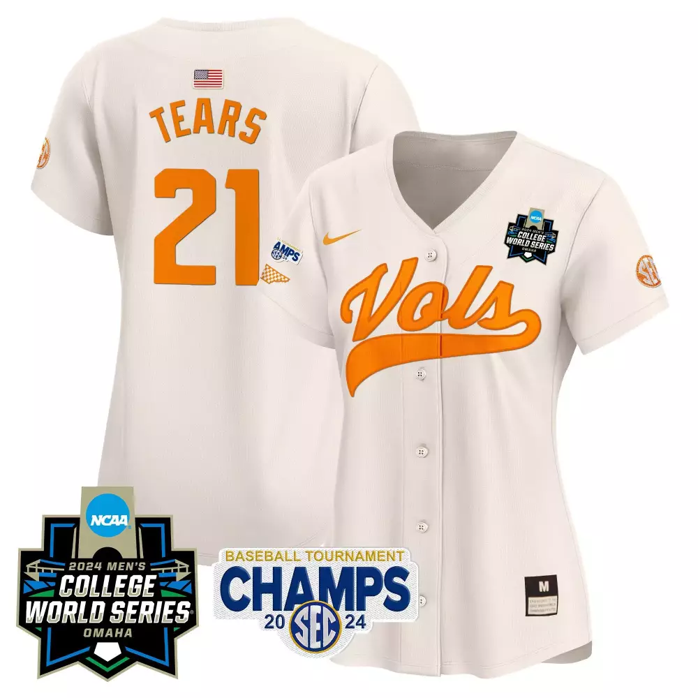 Kavares Tears 21 Jersey White 2024 Men's College World Series Tennessee Volunteers Baseball Tournament Champions