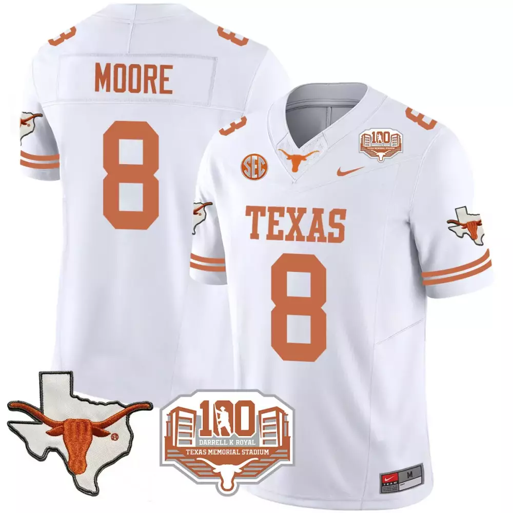 Moore 8 Texas Jersey White 100th Anniversary Darrell K Royal Memorial Stadium Men