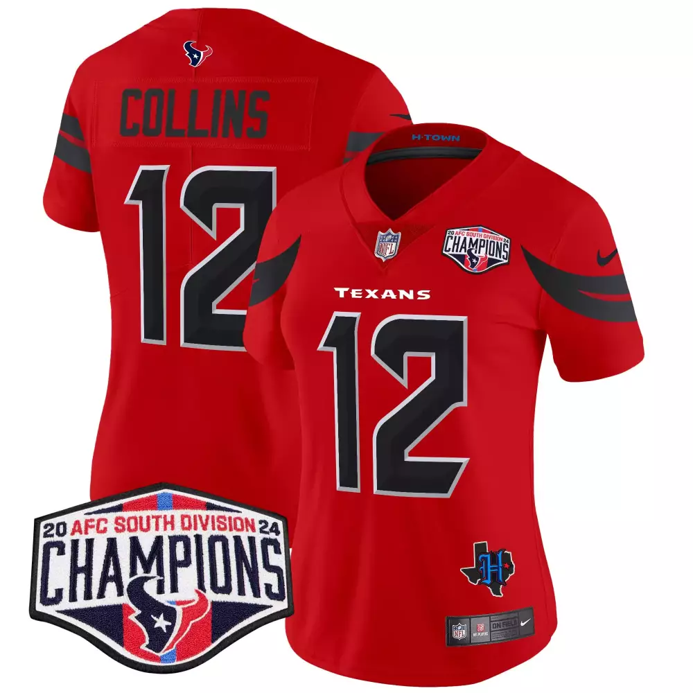 Nico Collins 12 Texans Jersey Red 2023 AFC South Division Champions Men Replica Black