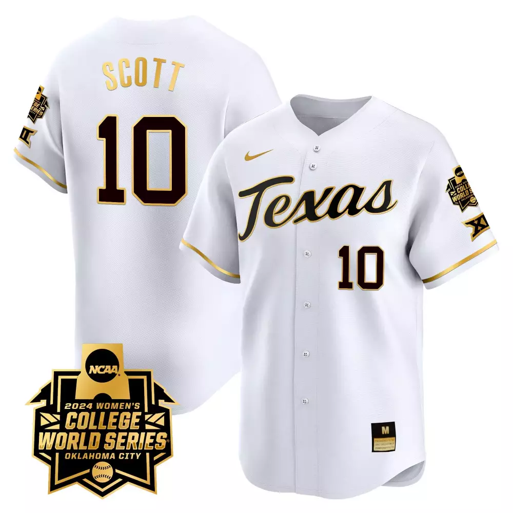 Mia Scott 10 Texas Jersey White 2024 Women's College World Series Women Gold Black