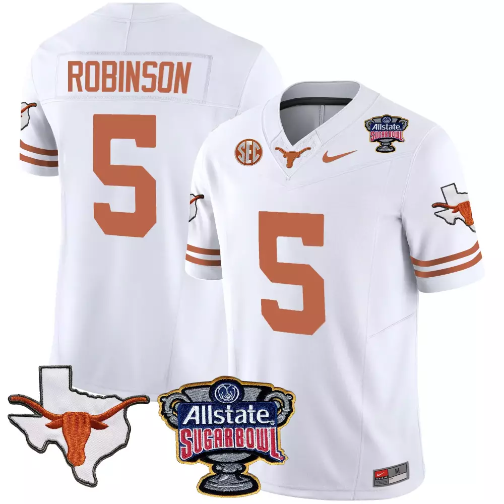 Bijan Robinson 5 Texas Longhorns Jersey White Allstate Sugar Bowl Outline 2022 Men
