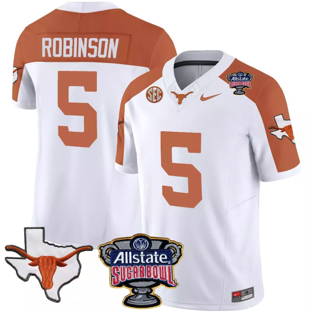 Bijan Robinson 5 Texas Longhorns Jersey White Allstate Sugar Bowl 2023 Men Orange