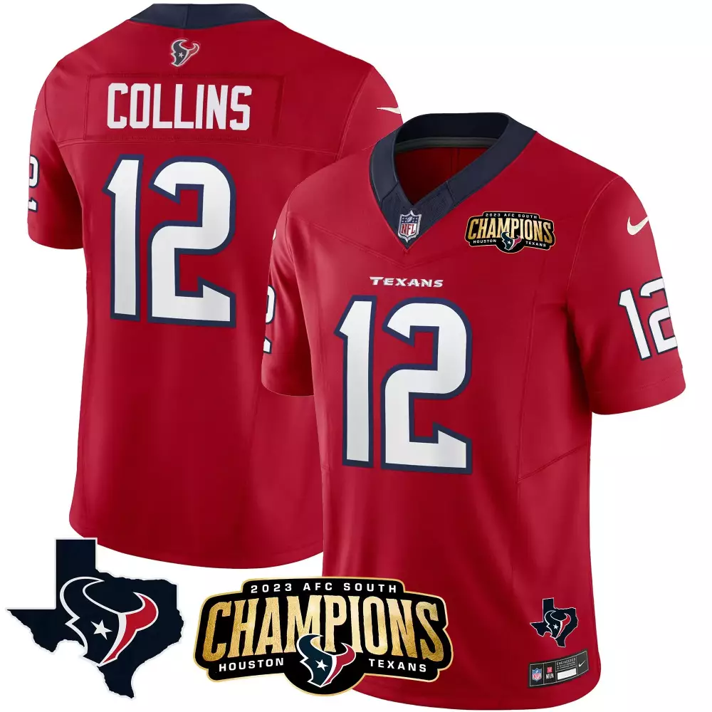 Nico Collins 12 Houston Texans Jersey Red 2023 AFC South Champions Men Navy White