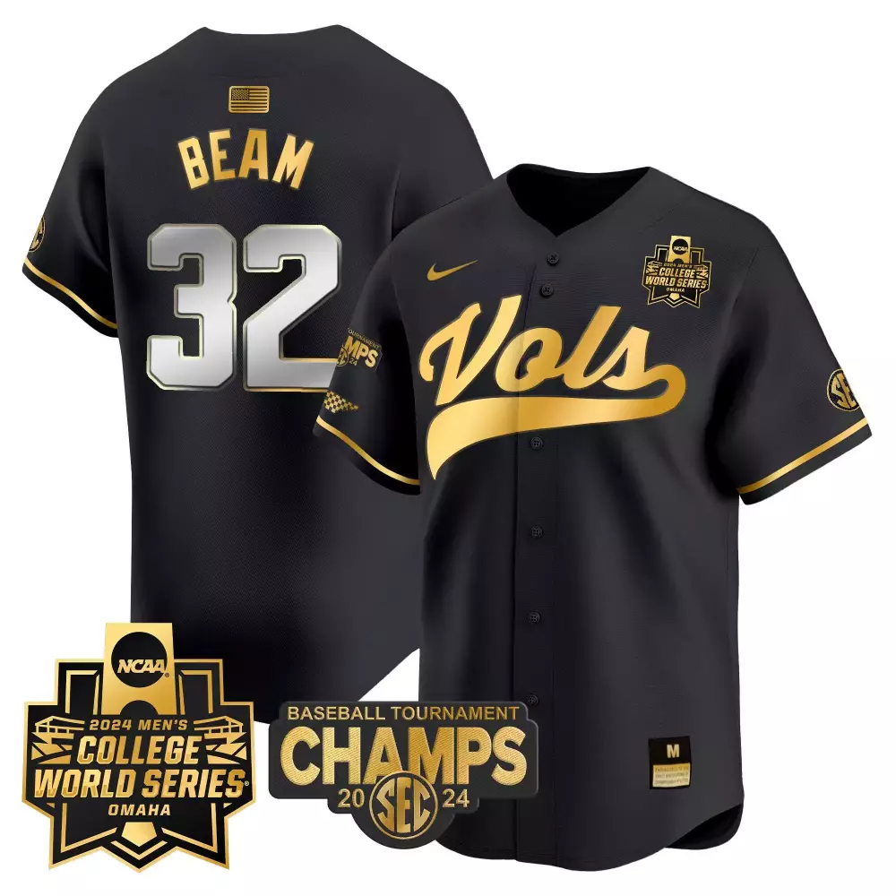 Drew Beam 32 Tennessee Volunteers Jersey Black College World Series 2024 Baseball Tournament Champions