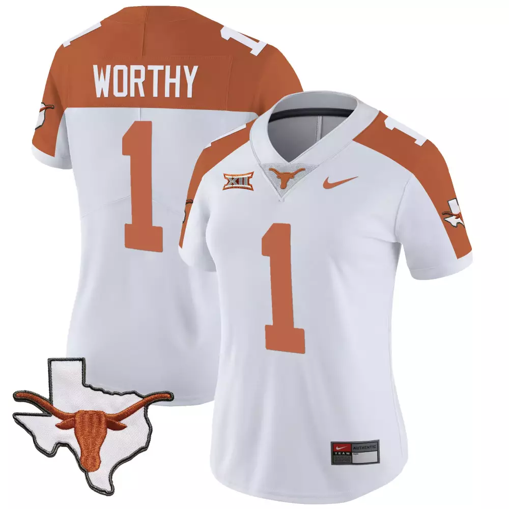 Xavier Worthy 1 Texas Longhorns Jersey White Big State Outline Longhorn Women Orange
