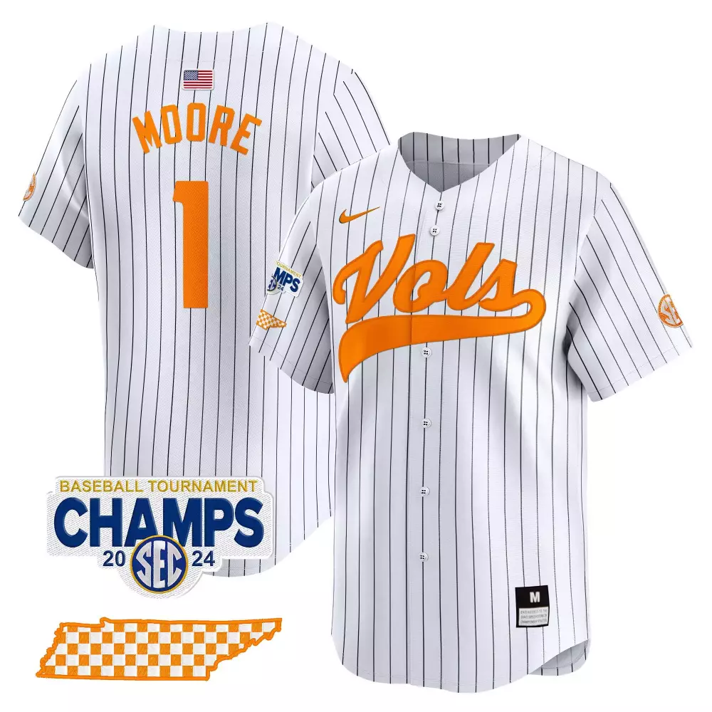 Christian Moore 1 Jersey White SEC Baseball Tournament Champs Tennessee Volunteers USA Flag Mps 23-24 2024