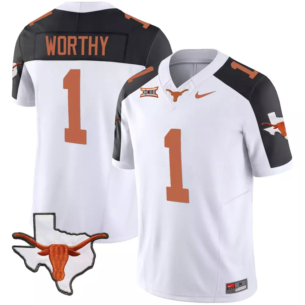 Xavier Worthy 1 Texas Longhorns Jersey White State Outline Longhorn Men Burnt Orange