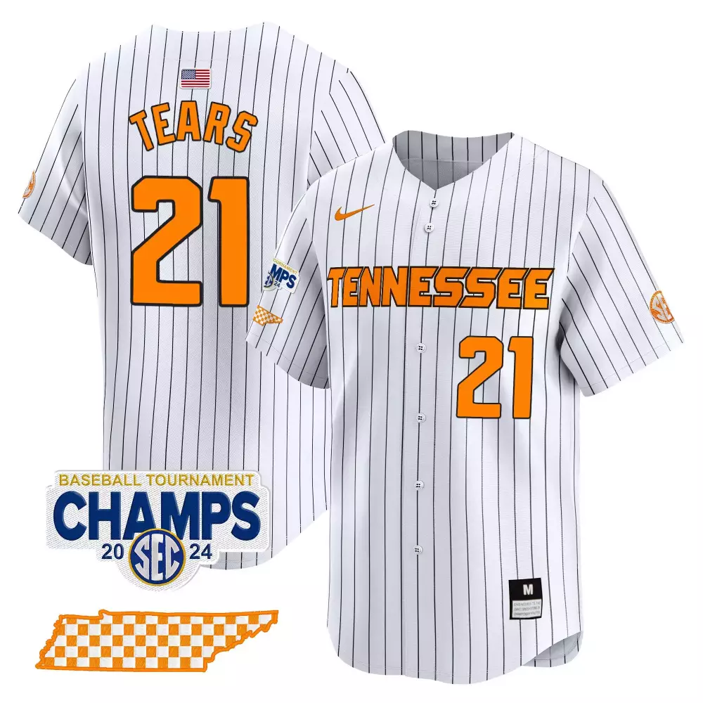 Kavares Tears 21 Tennessee Jersey White 2024 SEC Baseball Tournament Champions Champs Map Checkerboard