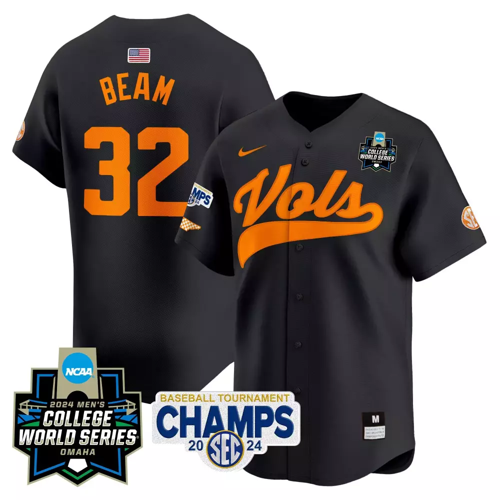 Drew Beam 32 Tennessee Volunteers Jersey Black College World Series Champs Baseball Tournament 2024