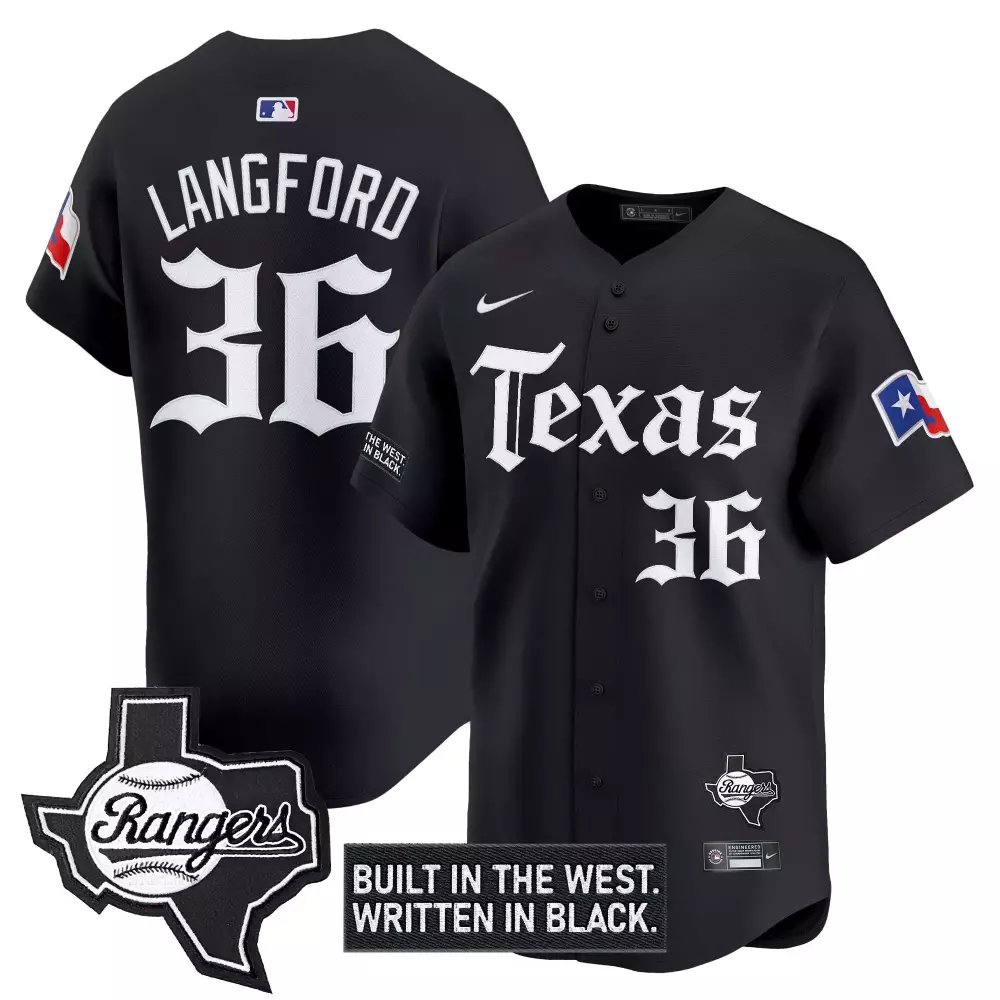 Wyatt Langford 36 Texas Rangers Jersey Black Blackout Built West. Written Men White