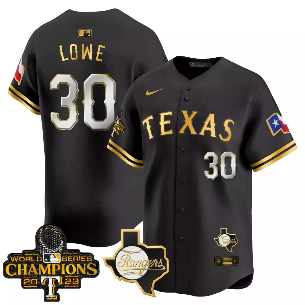 Lowe 30 Texas Rangers Jersey Black World Series Champions 2023 Men Gold White Stitched