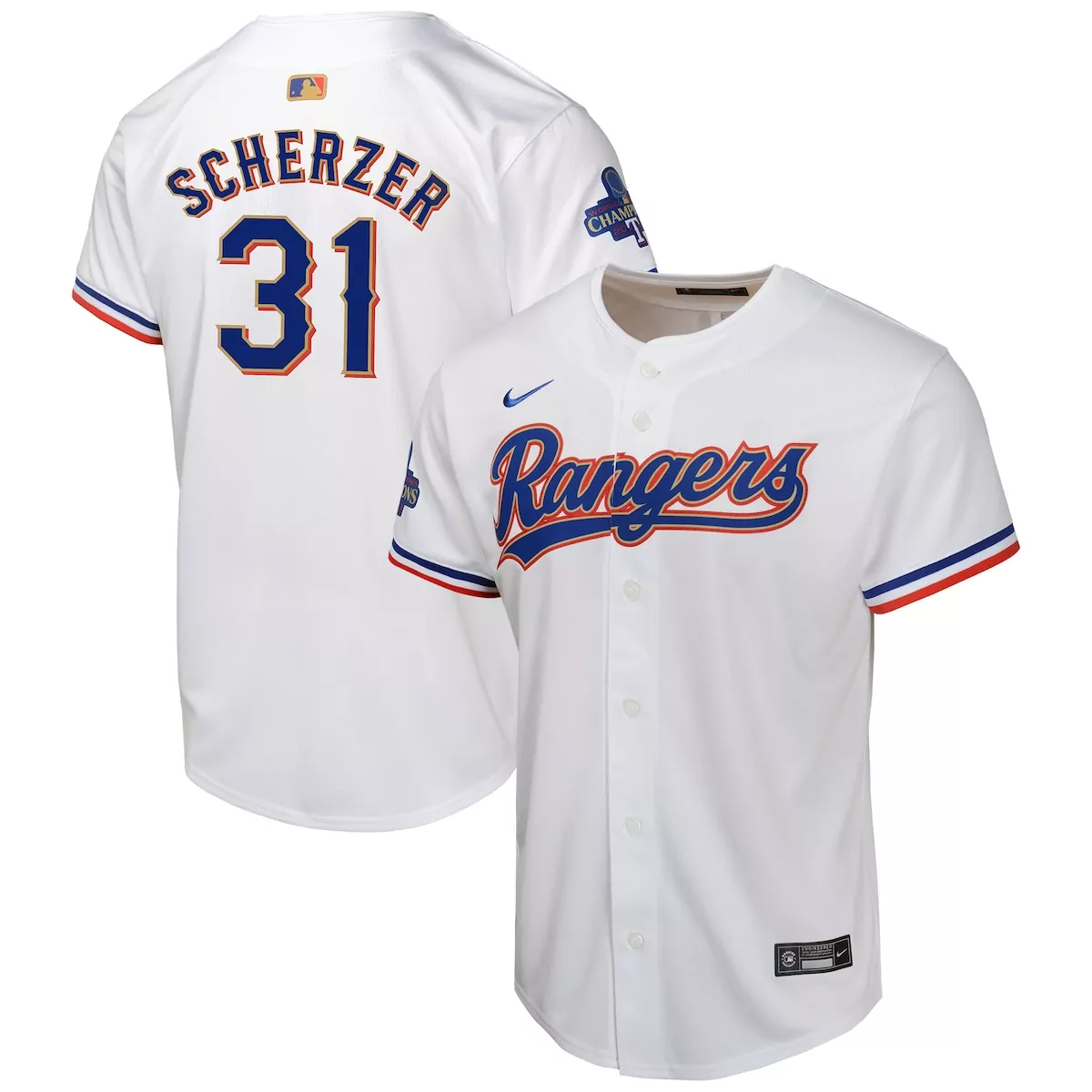 Max Scherzer 31 Rangers Jersey White Champions Men Blue Red Collection Limited