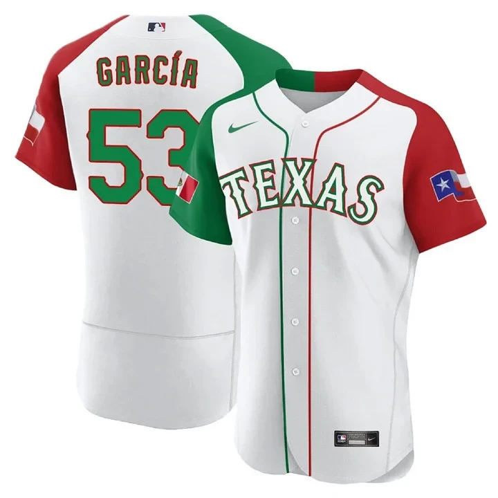 Garcia 53 Texas Rangers Jersey White Flag Men Split Design Red Green Stitched