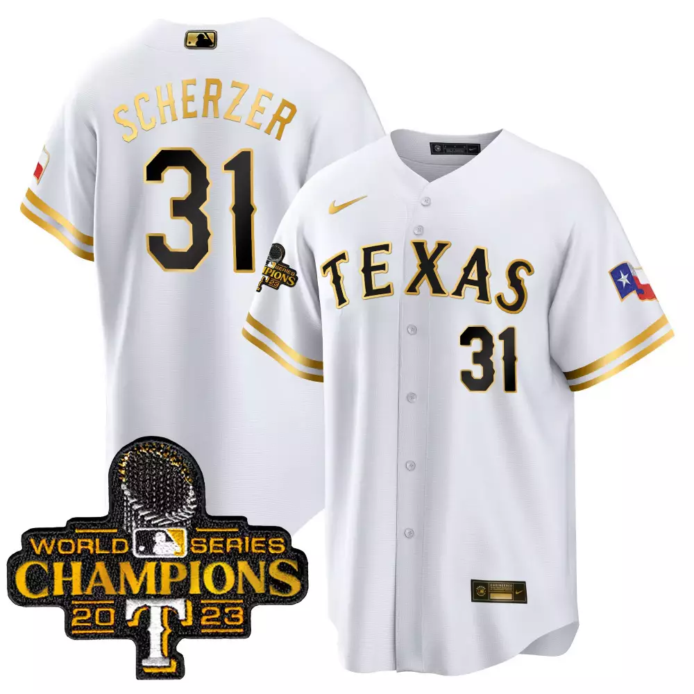 Max Scherzer 31 Texas Rangers Jersey White 2023 World Series Champions Men Gold Black